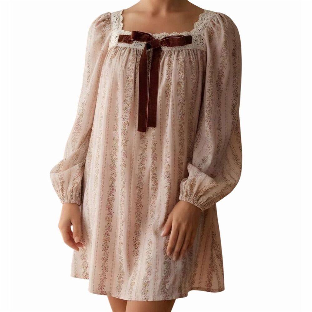 Vintage-Inspired Pink Floral Babydoll Mini Dress with Velvet Bow